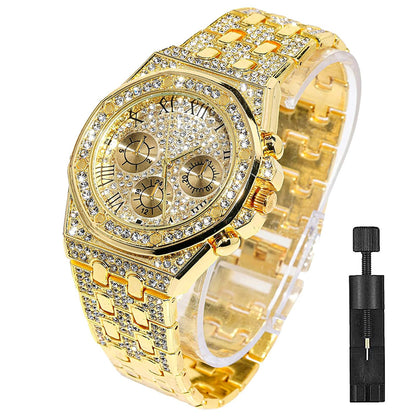HOTApzzic Diamond Iced Out Watch CZ Gold Plated 40mm Width Roman Numerals Dial Quartz Wristband Watch for Men Women
