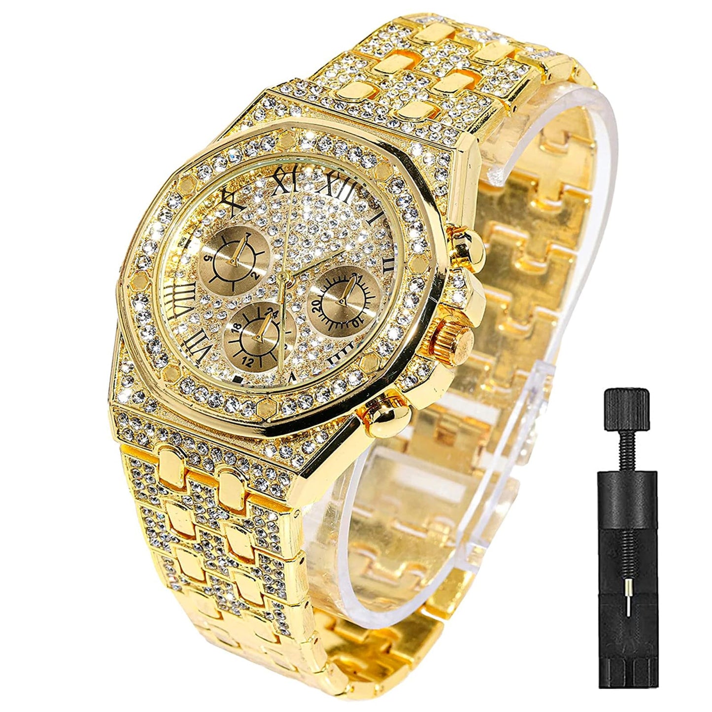 HOTApzzic Diamond Iced Out Watch CZ Gold Plated 40mm Width Roman Numerals Dial Quartz Wristband Watch for Men Women