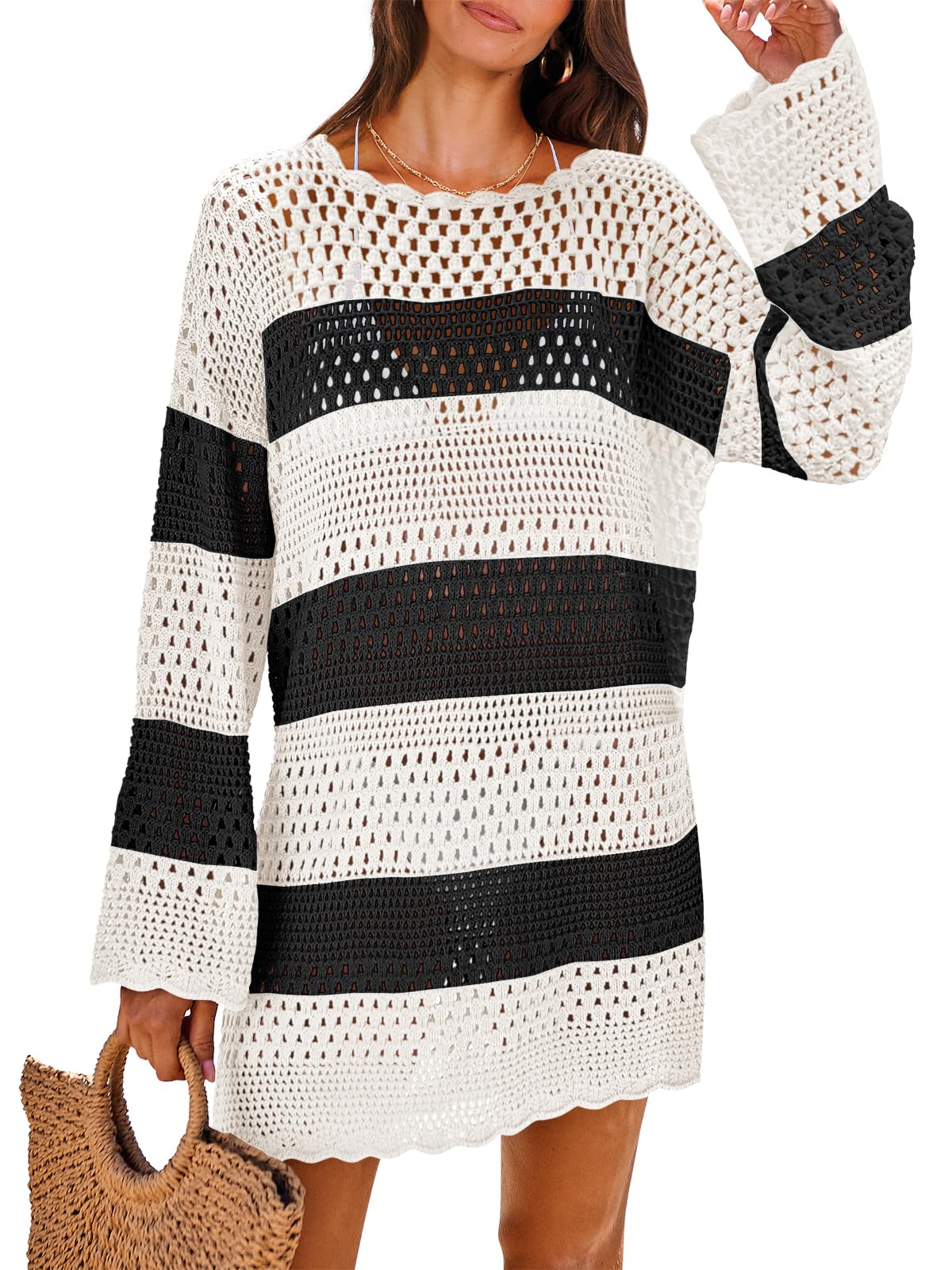 HOTANRABESS Women Swimsuit Crochet Swim Cover Up 2026 Summer Bathing Suit Swimwear Mesh Knit Beach Dress Vacation Outfits