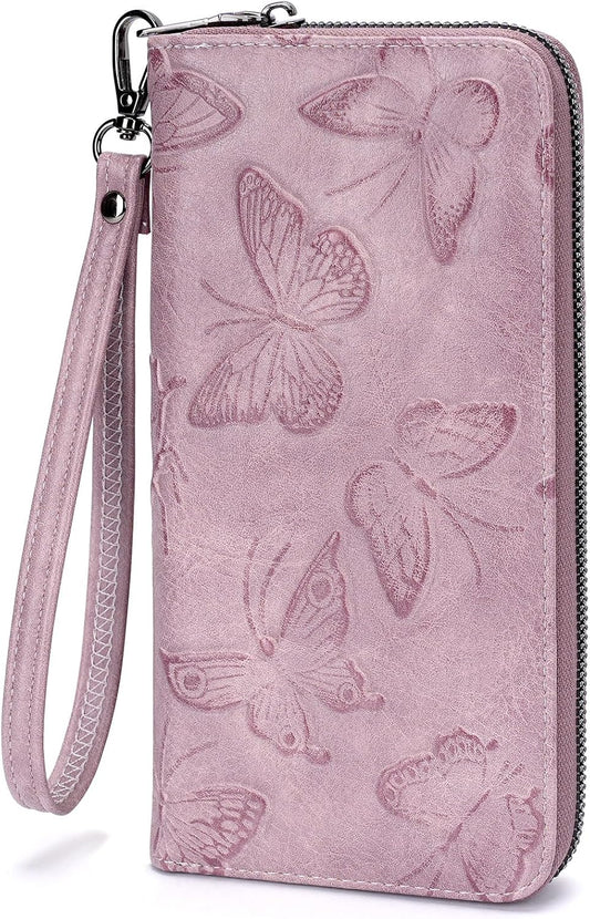 HOTBELTANA Womens Wallet RFID Wallet Women with Passport Holder Butterfly Vegan Leather Multi Card Slots Wallets Large Capacity Wristlet Travel Purse for Women (Purple)