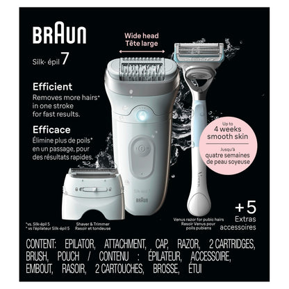 HOTBraun Epilator Silk-épil 7, Hair Removal Device, Women Shaver & Trimmer, Wet and Dry, Wide Head, Includes Shaver Head and Trimmer Comb, SE7-041, Silver