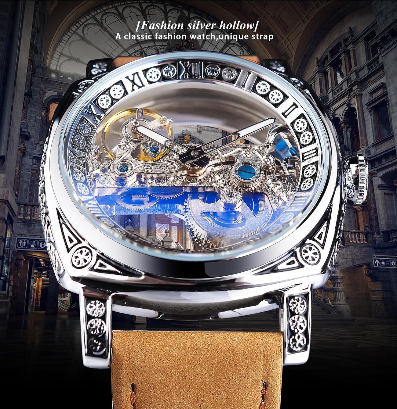 HOTFORSINING Men's Luxury Square Carving Mechanical Watch, Retro Totem Double Sided Hollow Skeleton Self-Wind Automatic Watches, Vintage Leather Strap Wristwatch Reloj para Hombre