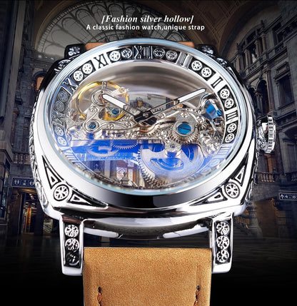 HOTFORSINING Men's Luxury Square Carving Mechanical Watch, Retro Totem Double Sided Hollow Skeleton Self-Wind Automatic Watches, Vintage Leather Strap Wristwatch Reloj para Hombre