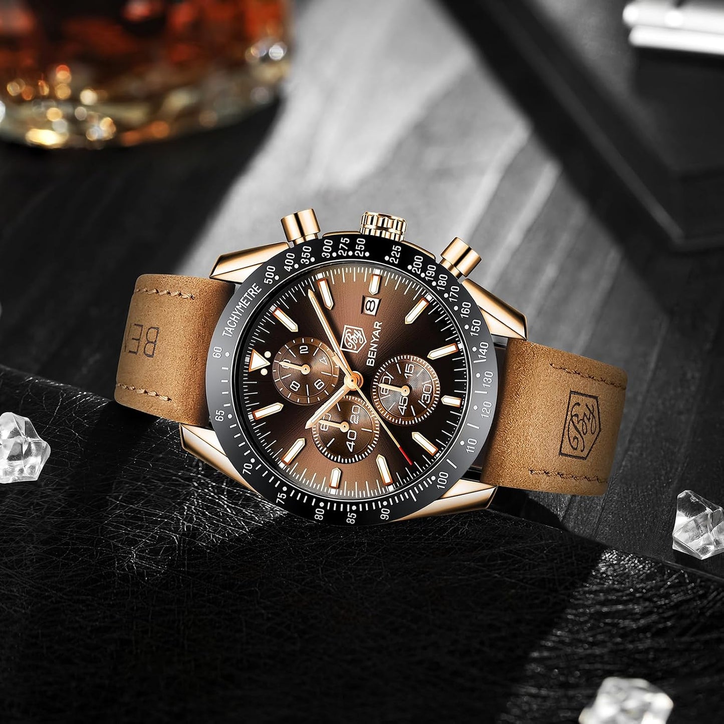 HOTBENYAR Mens Watches Quartz Movement Chronograph Leather Strap Fashion Business Sport Design 30M Waterproof Scratch Resistant Elegant Gifts for Men