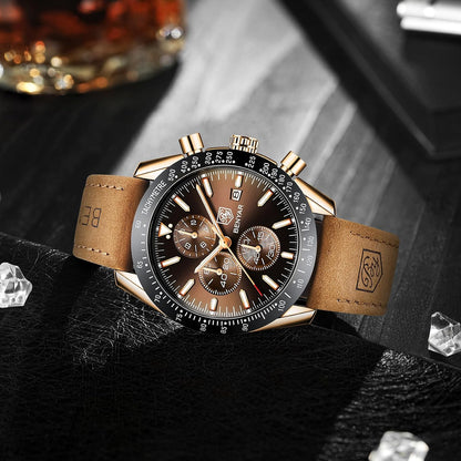 HOTBENYAR Mens Watches Quartz Movement Chronograph Leather Strap Fashion Business Sport Design 30M Waterproof Scratch Resistant Elegant Gifts for Men
