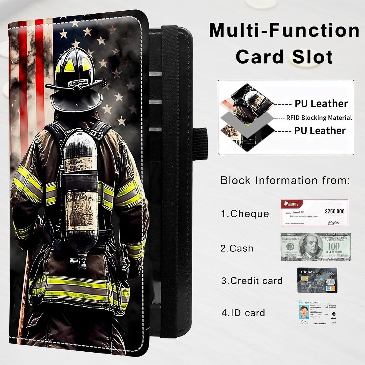 HOTPU Leather Checkbook Cover for Personal & Duplicate Checks, Slim RFID Blocking Checkbook Wallet with Card Slots, Elastic Strap Checkbook Holder Stylish Wallet for Men & Women, Flag Firefighter