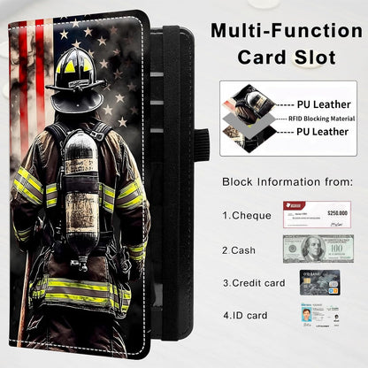 HOTPU Leather Checkbook Cover for Personal & Duplicate Checks, Slim RFID Blocking Checkbook Wallet with Card Slots, Elastic Strap Checkbook Holder Stylish Wallet for Men & Women, Flag Firefighter