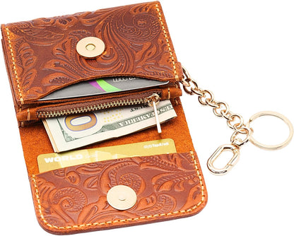 HOTHandmade Keychain Wristlet Wallets for Women, Western Floral Leather Small Credit Card Holder with Zipper, Minimalist & Cute Coin Pouch, Genuine Leather (Camel)