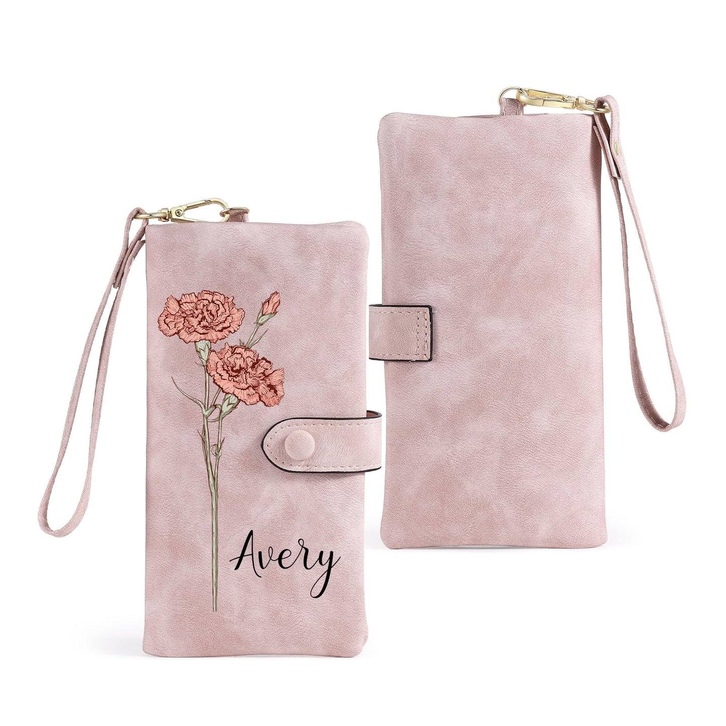HOTPersonalized Wallet for Women, Custom Birth Flower & Name Detachable Leather Wristlet, Stylish Card Holder Purse with Zipper Large Capacity Wallet Mother's Day Gifts for Mom (Purple)
