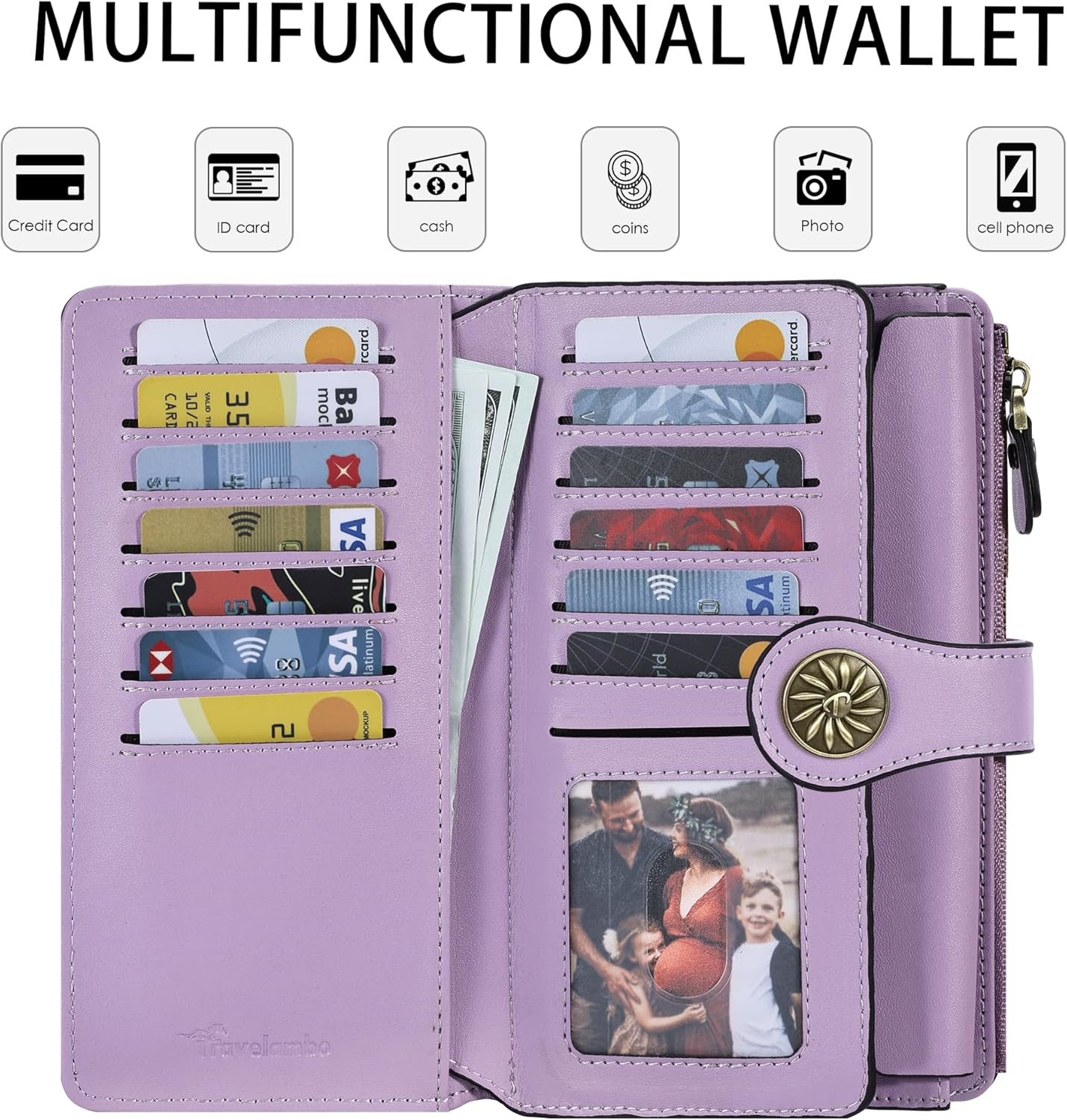 HOTTravelambo Wallets Women RFID Large Capacity Luxury Waxed Leather Clutch Wallet Multi Card Organizer(Light Purple + Champagne Pink)