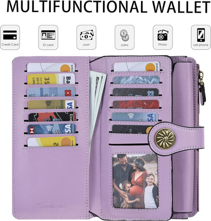 HOTTravelambo Wallets Women RFID Large Capacity Luxury Waxed Leather Clutch Wallet Multi Card Organizer(Light Purple + Champagne Pink)