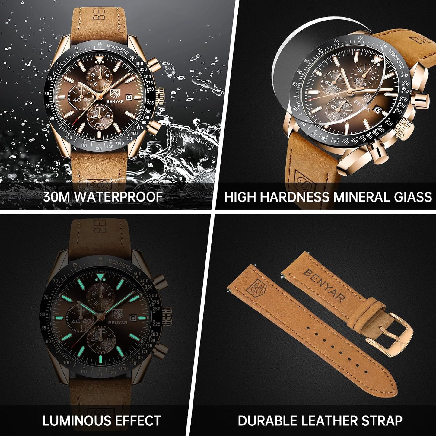 HOTBENYAR Mens Watches Quartz Analog Chronograph Waterproof Wrist Watches for Men Fashion Business Work Casual Sport Dress Watch with Calendar