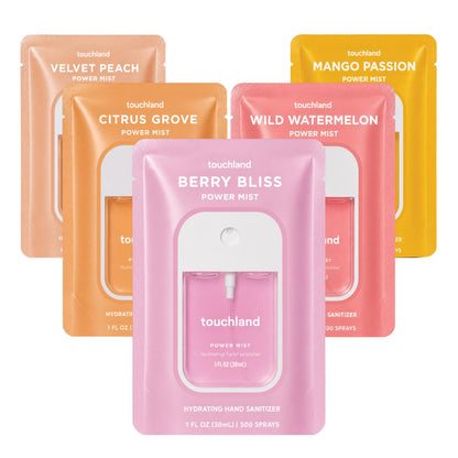 HOTTouchland Top 5 Hydrating Hand Sanitizer Spray Set Travel Size | TSA ready Power Mist with skincare benefits. Applelicious, Berry Bliss, Blue Sandalwood, Citrus Grove and Pure Lavender