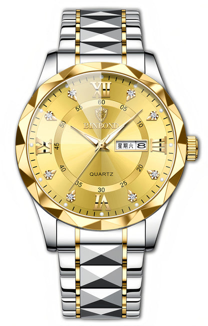 HOTGosasa Luxury Men's and Women's Business Diamond Stainless Steel Waterproof Roman Numeral Analog Quartz Watch with Day-Date Calendar, Gold and Silver Tone