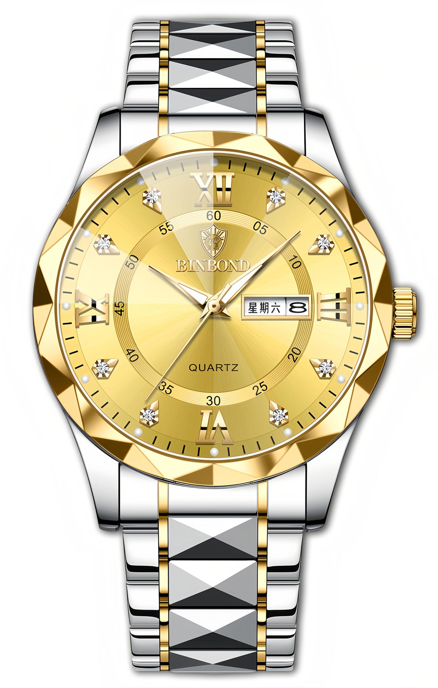HOTGosasa Luxury Men's and Women's Business Diamond Stainless Steel Waterproof Roman Numeral Analog Quartz Watch with Day-Date Calendar, Gold and Silver Tone