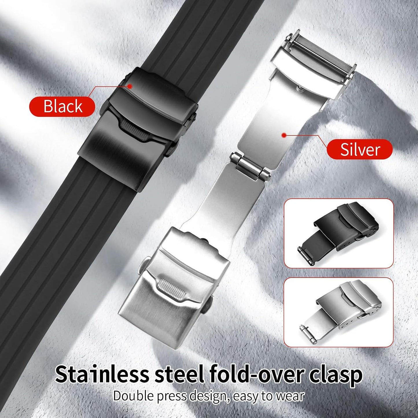 HOTSilicone Watch Strap Replacement Rubber Watch Band Waterproof Stripe Pattern - 14mm, 16mm, 18mm, 20mm, 22mm, 24mm Watch Bracelet with Stainless Steel Deployment Black Buckle