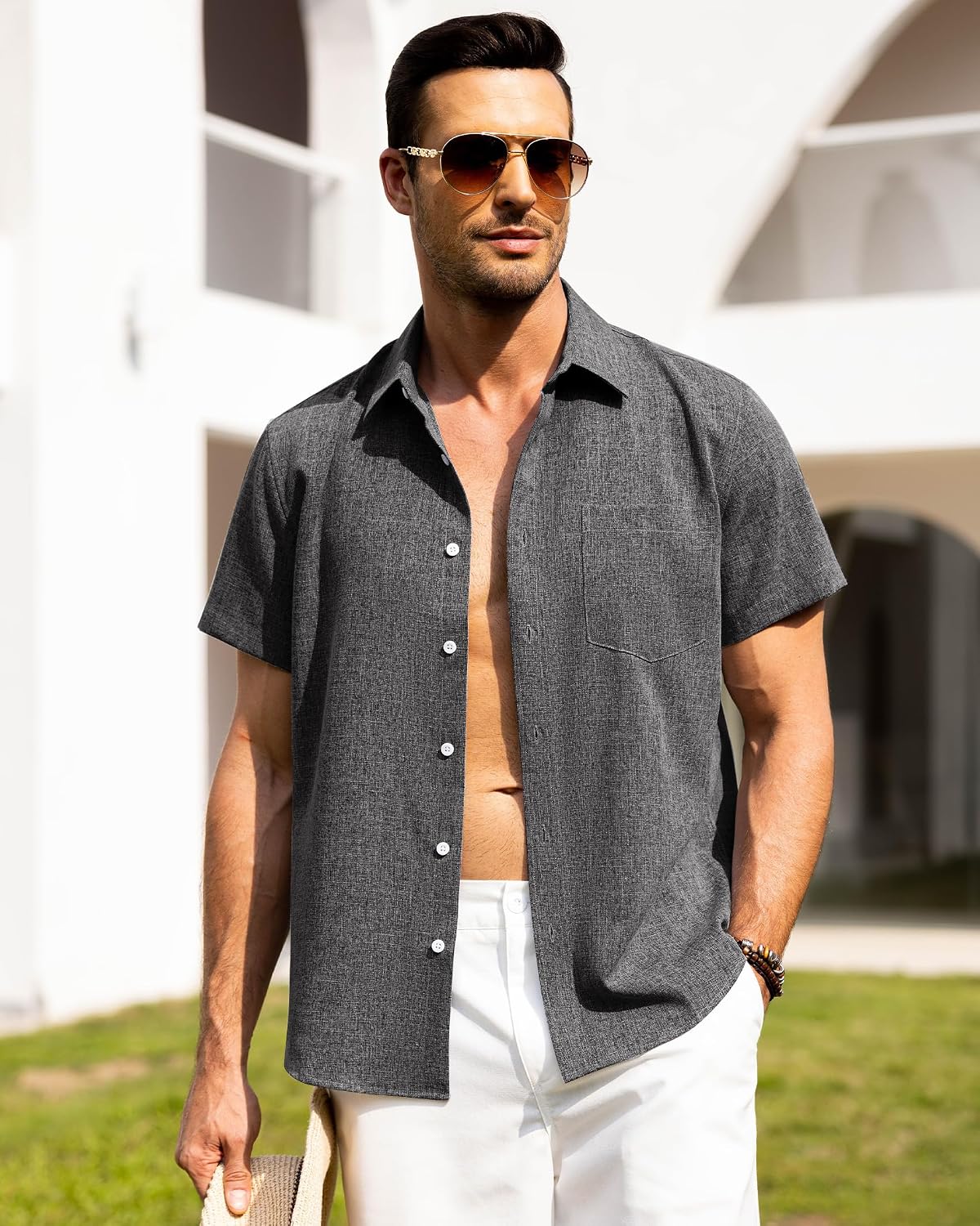 HOTAlimens & Gentle Mens Linen Shirts Short Sleeve Button Down Shirts Wrinkle Free Casual Vacation Beach Summer Tops