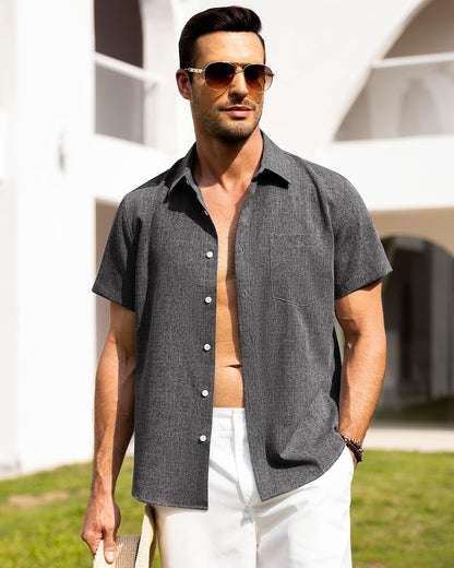 HOTAlimens & Gentle Mens Linen Shirts Short Sleeve Button Down Shirts Wrinkle Free Casual Vacation Beach Summer Tops