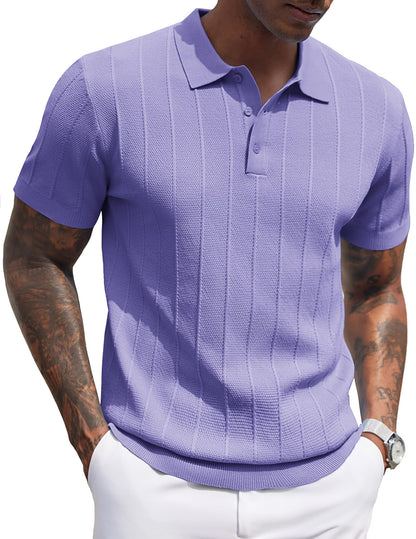 HOTCOOFANDY Mens Knit Polo Shirts Short Sleeve Ribbed Textured Polo Shirt Lightweight Casual Golf Shirts Collared T Shirt