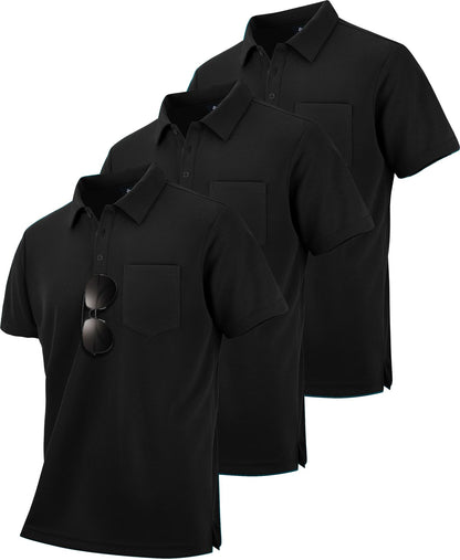 HOTZITY Men's 3 Pack Polo Shirts Short Sleeve with Pocket Moisture Wicking Casual Work Golf Lightweight Collared T-Shirts