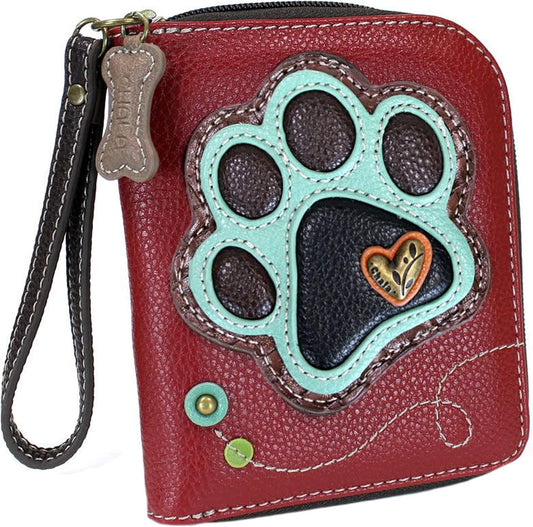 HOTChala Paw Print Zip-Around Wristlet Wallet, Dog Mom Gift Dog Lover (Burguny/Teal)