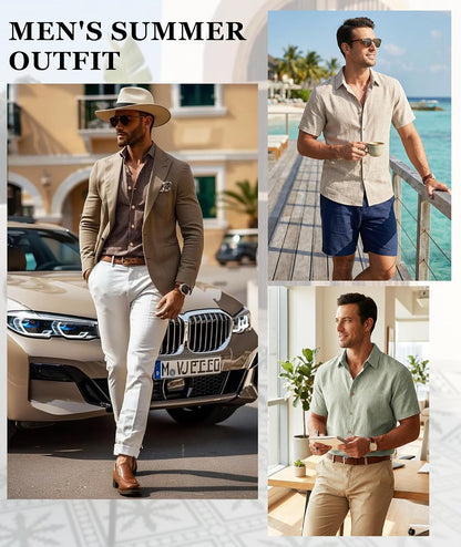 HOTCURBODO Linen Blend Shirts for Men Casual Short Sleeve Button Down Shirt Cool Summer Beach Wedding Vacation Tops