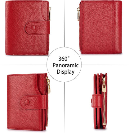 HOTGenuine Leather Wallets for Women RFID Blocking Bifold with Zipper Pocket, 2 ID Windows, 18 Card Slots, Red