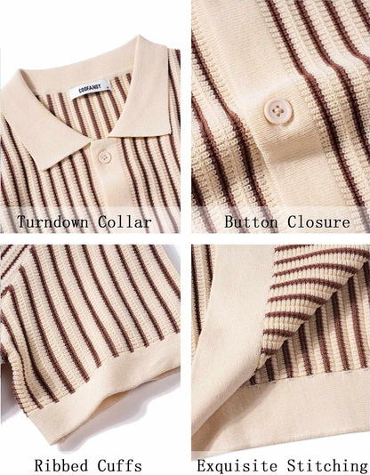 HOTCOOFANDY Mens Knit Button Down Shirts Short Sleeve Polo Shirt Vintage Striped Casual Shirts