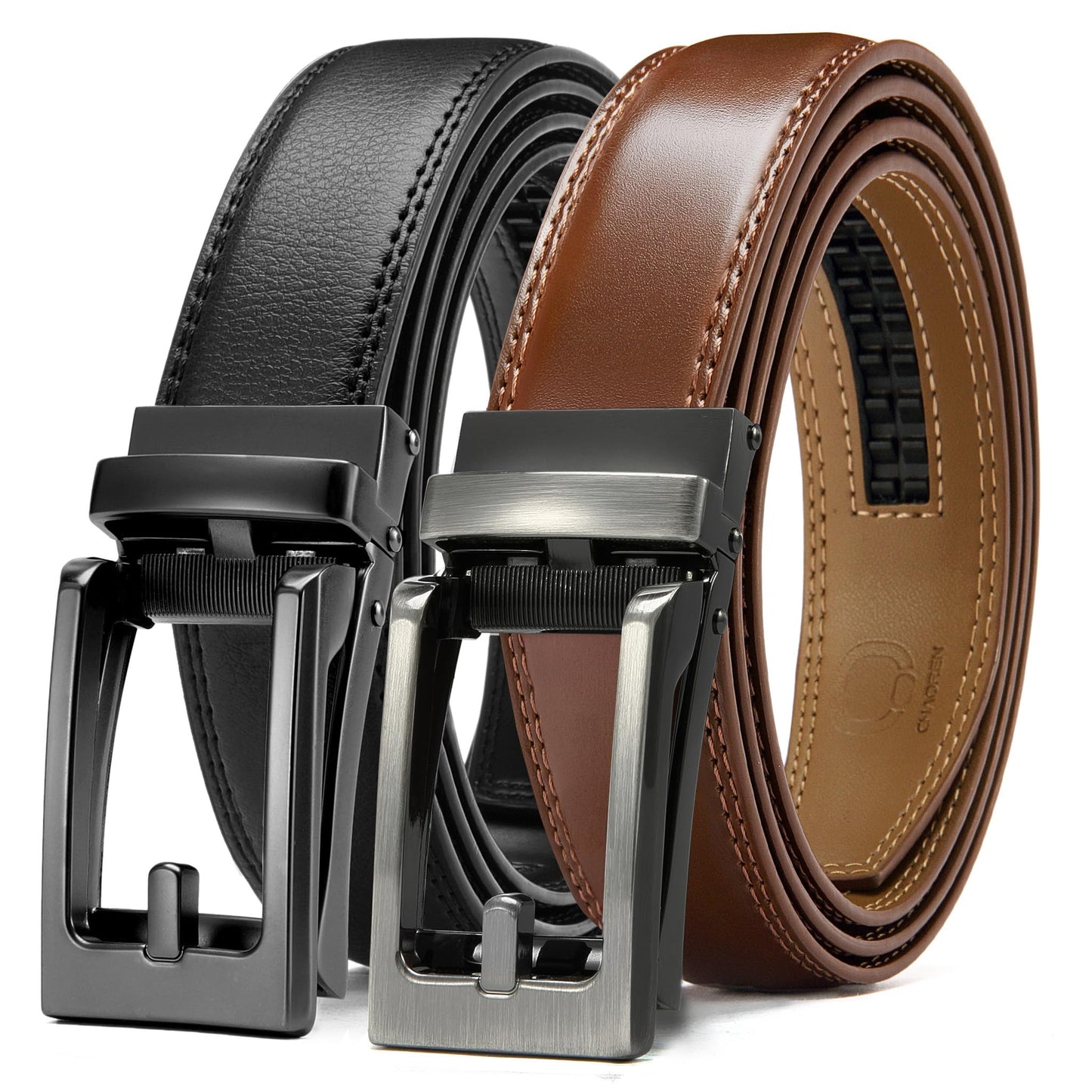 HOTCHAOREN Click Belt for Men 2 Pack - Mens Dress Belt 1 1/4" in Packing Box - Design Belt Meet Almost Any Outfit and Occasion