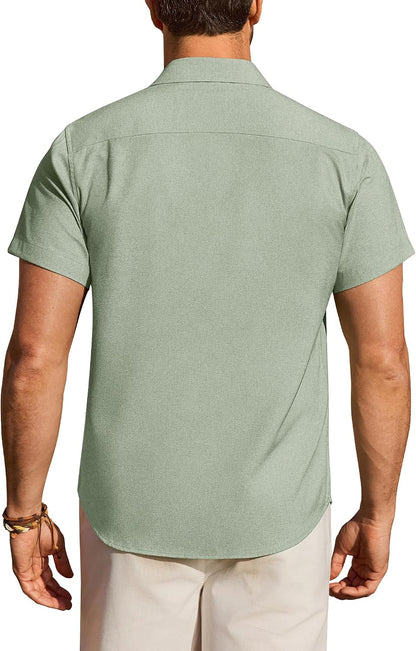 HOTMens Linen Shirt Short Sleeve Wrinkle Free Casual Untucked Button Down Shirts Beach Breathable Tops Summer