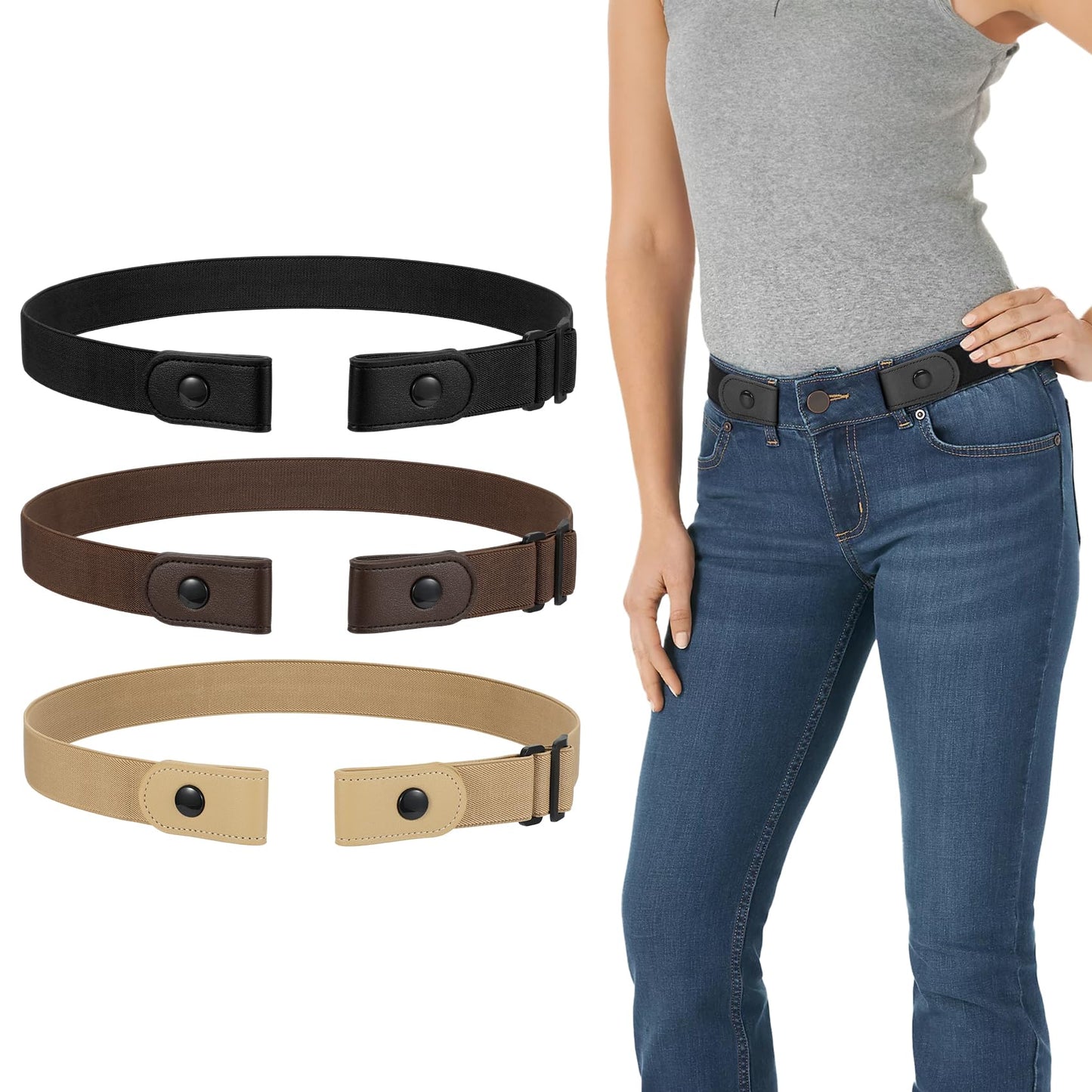 HOTWERFORU 3 Pack 4 Pack No Buckle Invisible Stretch Belt Buckle-Free Elastic Belt for Women and Men