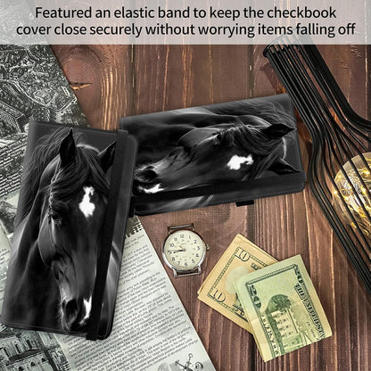 HOTFUYOCWE Leather Checkbook Covers for Men Women Check book Holder Cover Wallets for Personal Checkbook Duplicate Checks with RFID Blocking & Elastic Strap-Beautiful Black Horse