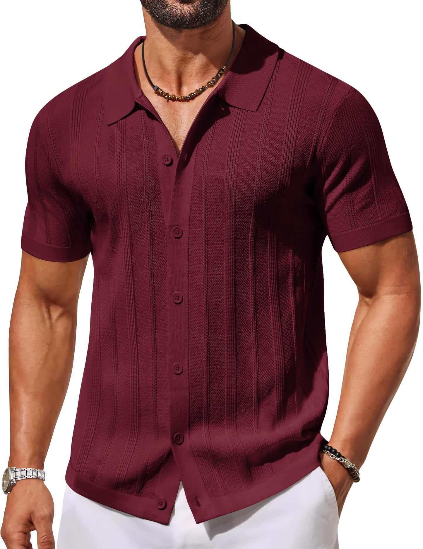 HOTCOOFANDY Men's Knit Button Down Shirts Short Sleeve Polo Shirt Casual Vacation Summer Beach Shirts
