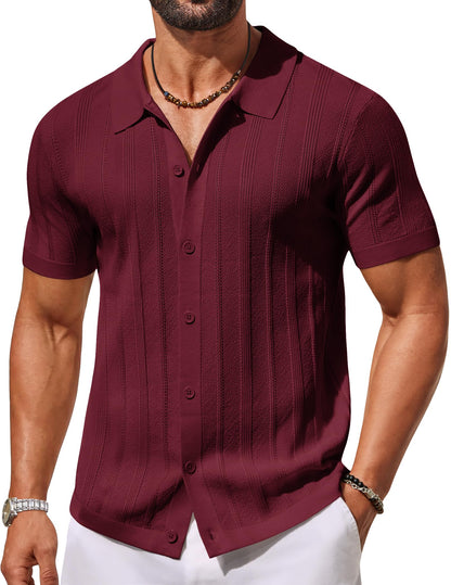 HOTCOOFANDY Men's Knit Button Down Shirts Short Sleeve Polo Shirt Casual Vacation Summer Beach Shirts