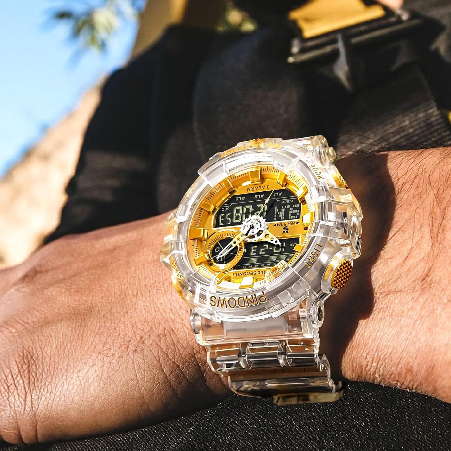 HOTPINDOWS Watches for Men, Transparent Gold Analog Digital Dual Time 50M Waterproof, LED Backlight Multifunctional with Alarms, Stopwatch, Ideal for Sports, Outdoor Activities, and Daily Wear