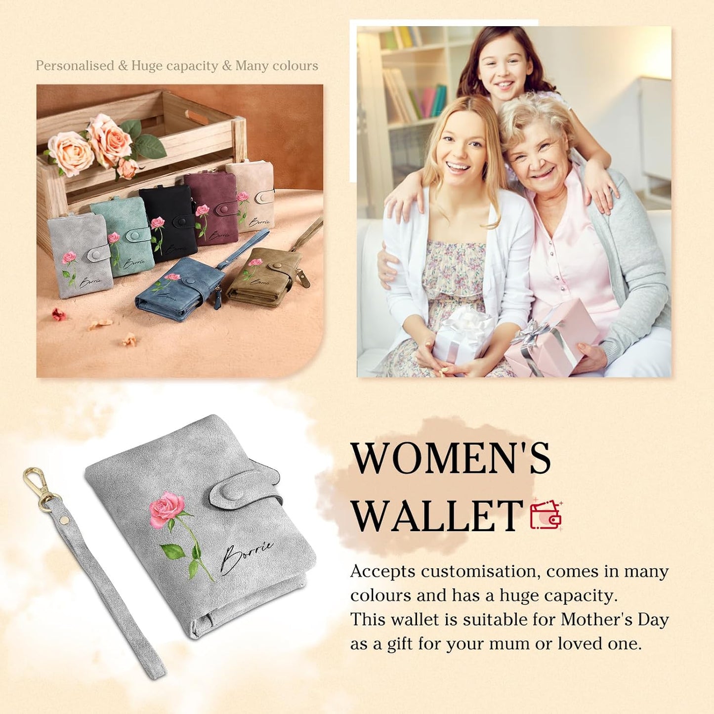 HOTMother’s Day Gift for Mom - Personalized Women's Wallet with Custom Name & Floral Initial - Soft Suede RFID Blocking Wallet Zipper Pocket (Grey)