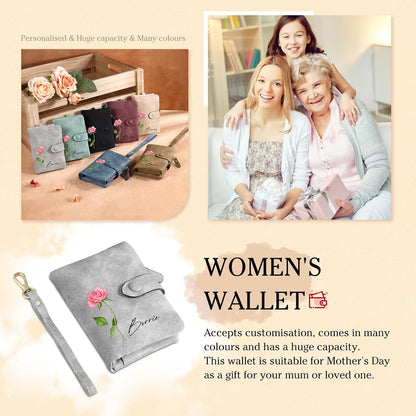 HOTMother’s Day Gift for Mom - Personalized Women's Wallet with Custom Name & Floral Initial - Soft Suede RFID Blocking Wallet Zipper Pocket (Grey)