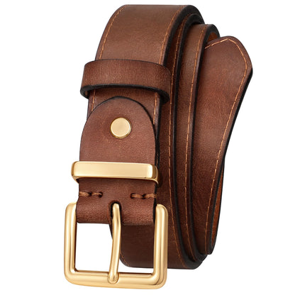 HOTWomen's Full Grain Leather Belt for Jeans Pants Real Genuine Leather Waist Belt with Matte Gold/Silver Buckle
