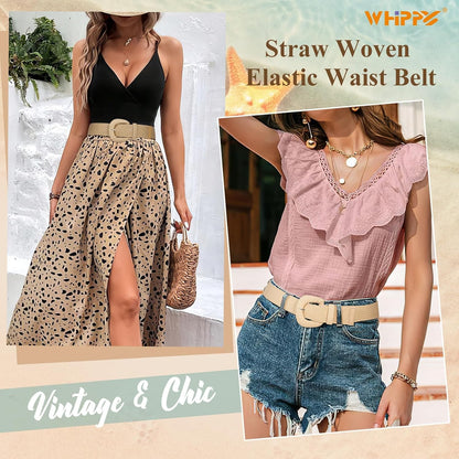 HOTWHIPPY 3 Packs Women Straw Woven Elastic Stretch Waist Belts Fashion Boho Braided Skinny Ladies Dress Belt