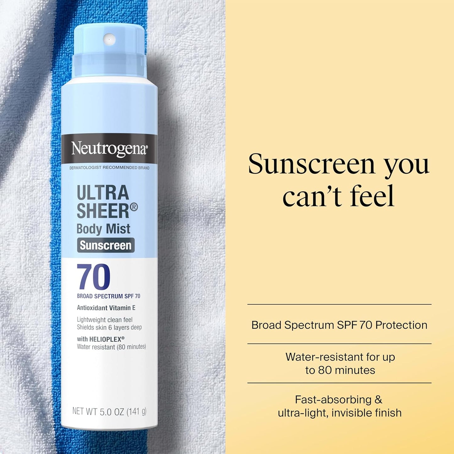 HOTNeutrogena Ultra Sheer Dry Touch Sunscreen Spray SPF 70 Broad Spectrum UVA UVB Protection Lightweight Water Resistant up to 80 Minutes PABA Oxybenzone Free, 3-pack of 5 oz