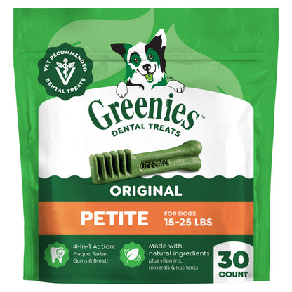 HOTGreenies Petite Natural Dental Dog Treats, Original Flavor, 60 Count | Original Flavor, 47% less tartar, freshens breath, natural ingredients, vitamins & minerals, for dogs 15-25 lbs, 36 oz. Pack