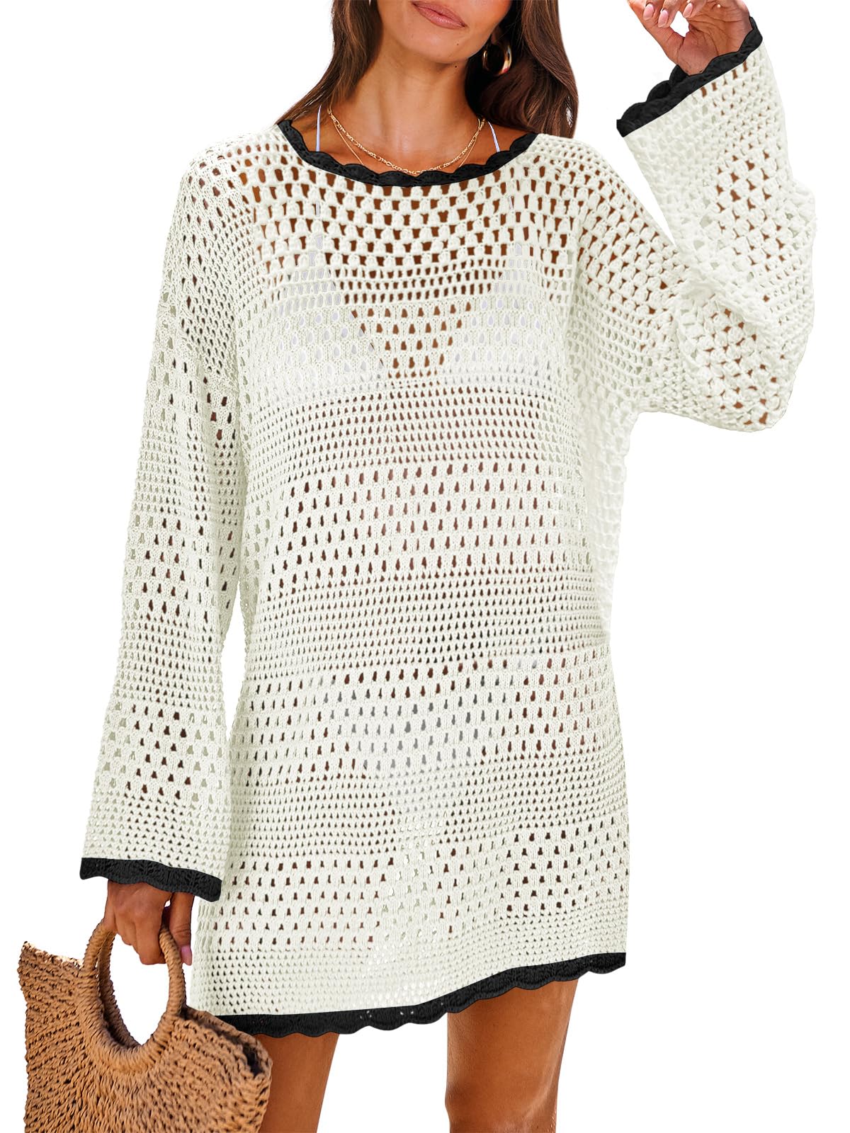 HOTANRABESS Women Swimsuit Crochet Swim Cover Up 2026 Summer Bathing Suit Swimwear Mesh Knit Beach Dress Vacation Outfits