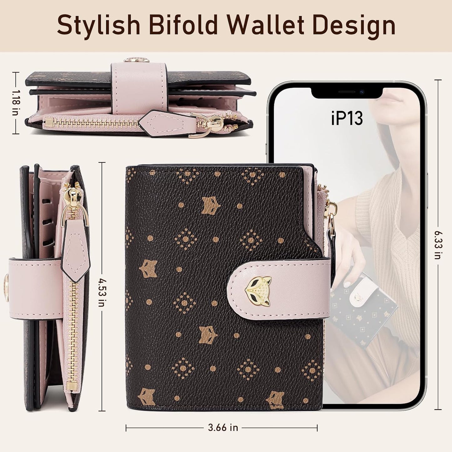 HOTFOXLOVER Small Wallet for Women RFID Blocking Leather Bifold Zipper Pocket Wallet Credit Card Holder with ID Window & Gift Box