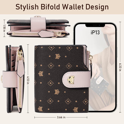 HOTFOXLOVER Small Wallet for Women RFID Blocking Leather Bifold Zipper Pocket Wallet Credit Card Holder with ID Window & Gift Box