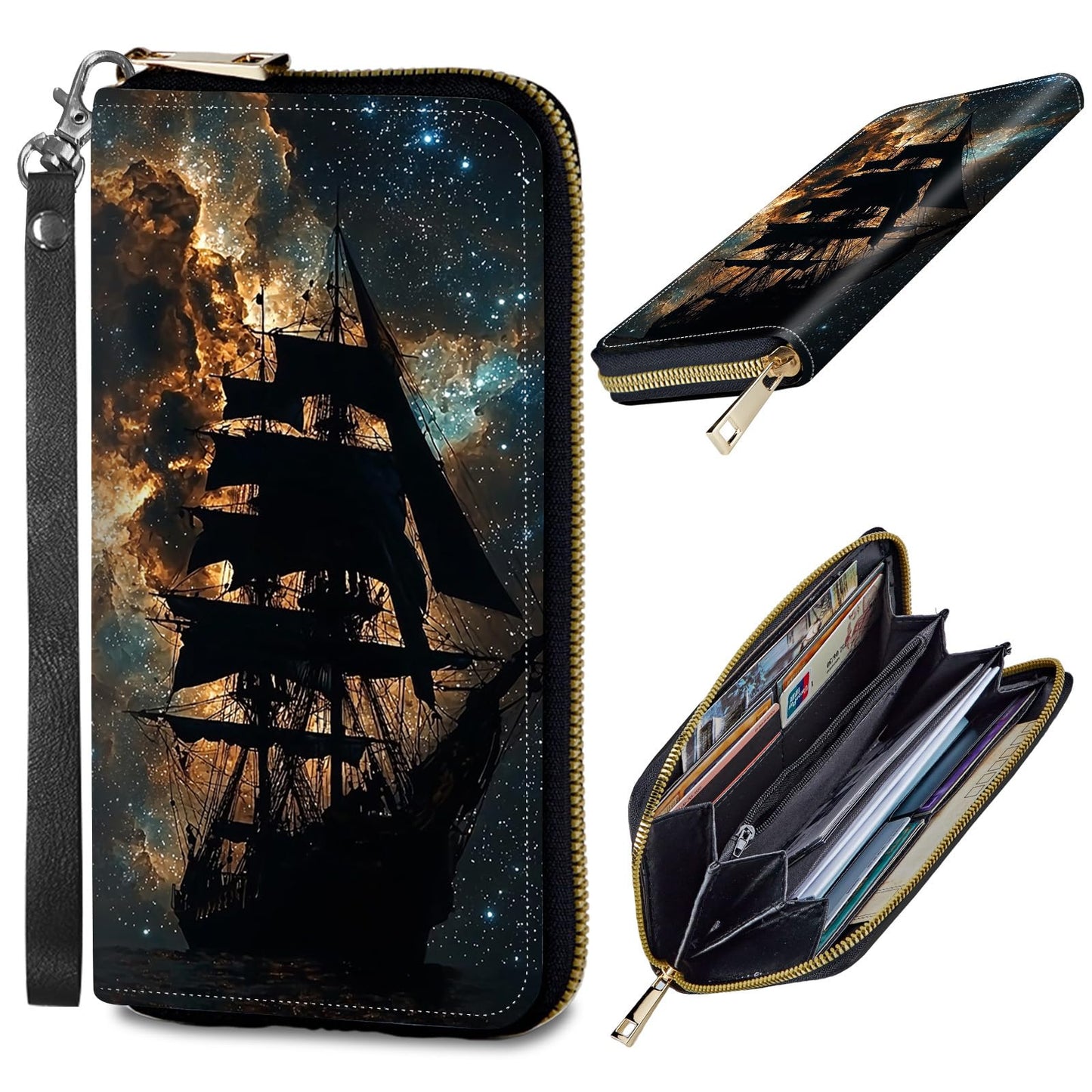HOTWomens Wallet, PU Leather RFID Cute Wristlet Wallets for Girls Women Ladies Purse Large Credit Card Clutch Purse Card Holder Coin Pocket Travel Wallets with Zipper, Art Black Cat