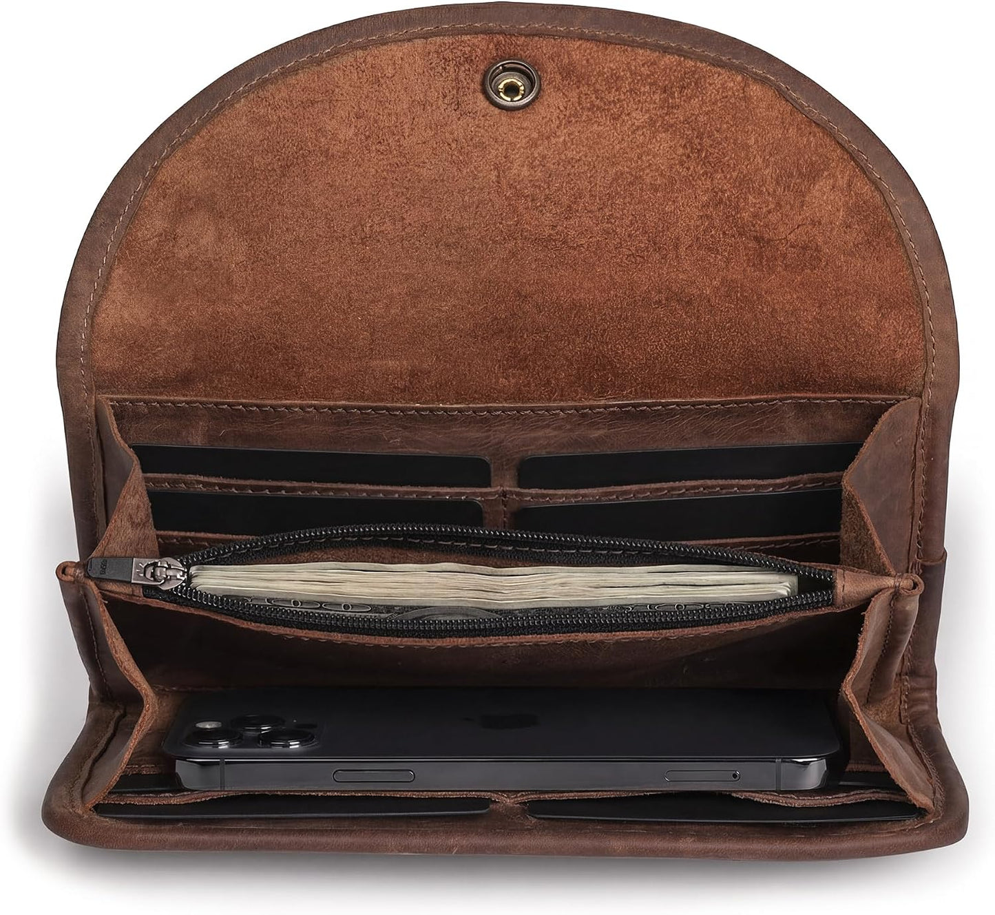 HOTHide & Drink, Full Grain Leather Snap Clutch Wallet for Women, Money Holder and Card Organizer with Zippered Pouch, Handmade, Bourbon Brown