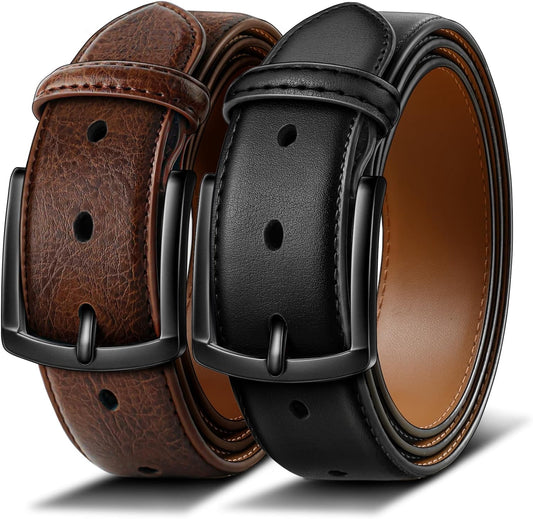 HOTBULLIANT 2-Pack Leather Belt for Men 1 3/8"-7 Eyelets-Gift Boxed | 7 Grommets Adjustable Range | Versatile for Golf Dress Casual Jeans