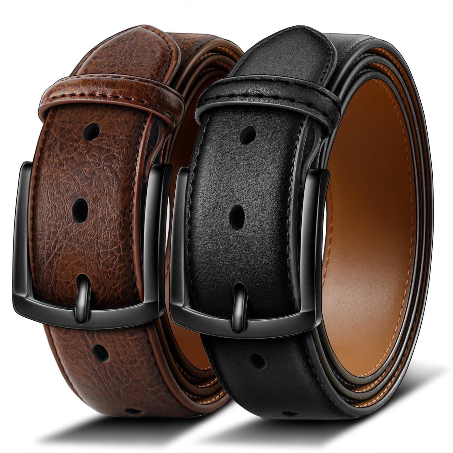 HOTBULLIANT 2-Pack Leather Belt for Men 1 3/8"-7 Eyelets-Gift Boxed | 7 Grommets Adjustable Range | Versatile for Golf Dress Casual Jeans