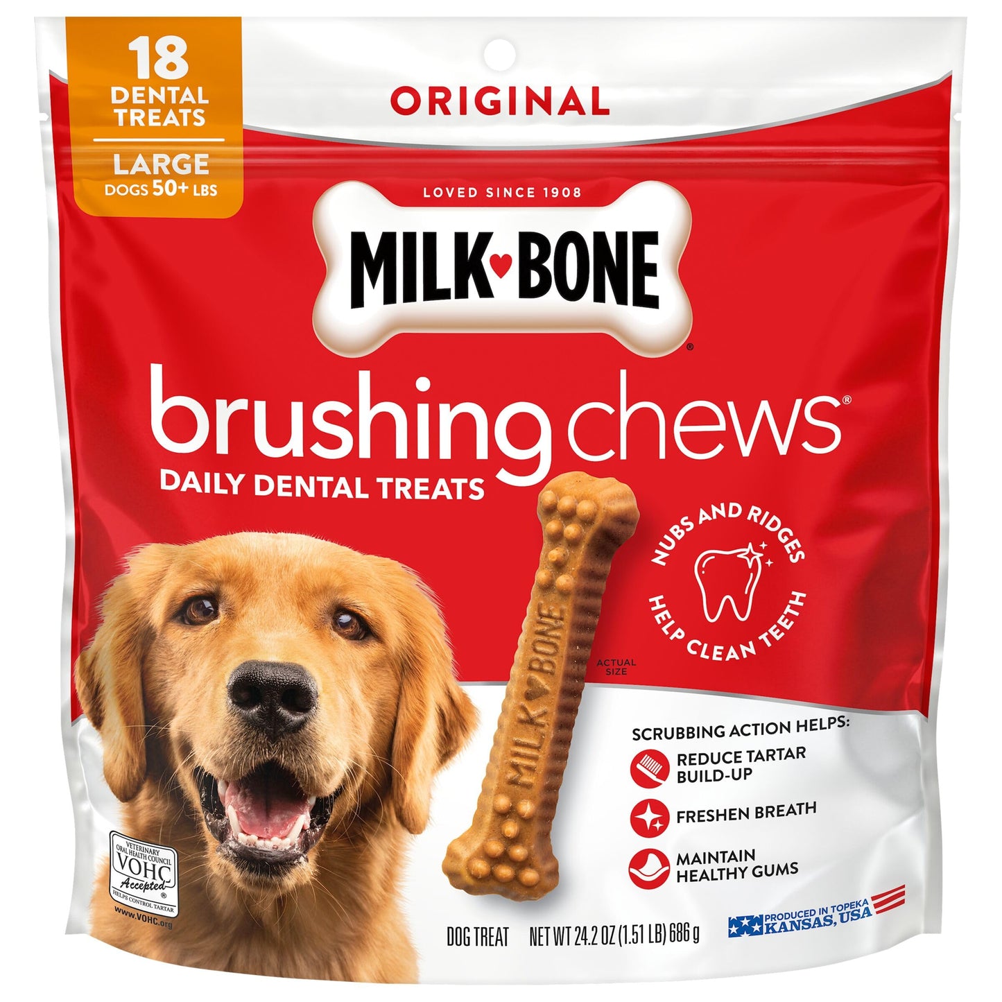 HOTMilk-Bone Brushing Chews Large Daily Dental Dog Treats, 33.7 oz Bag | 25 treats, chicken flavored, VOHC accepted dental chews, helps clean teeth and freshen breath, for large dogs 50 lbs and up