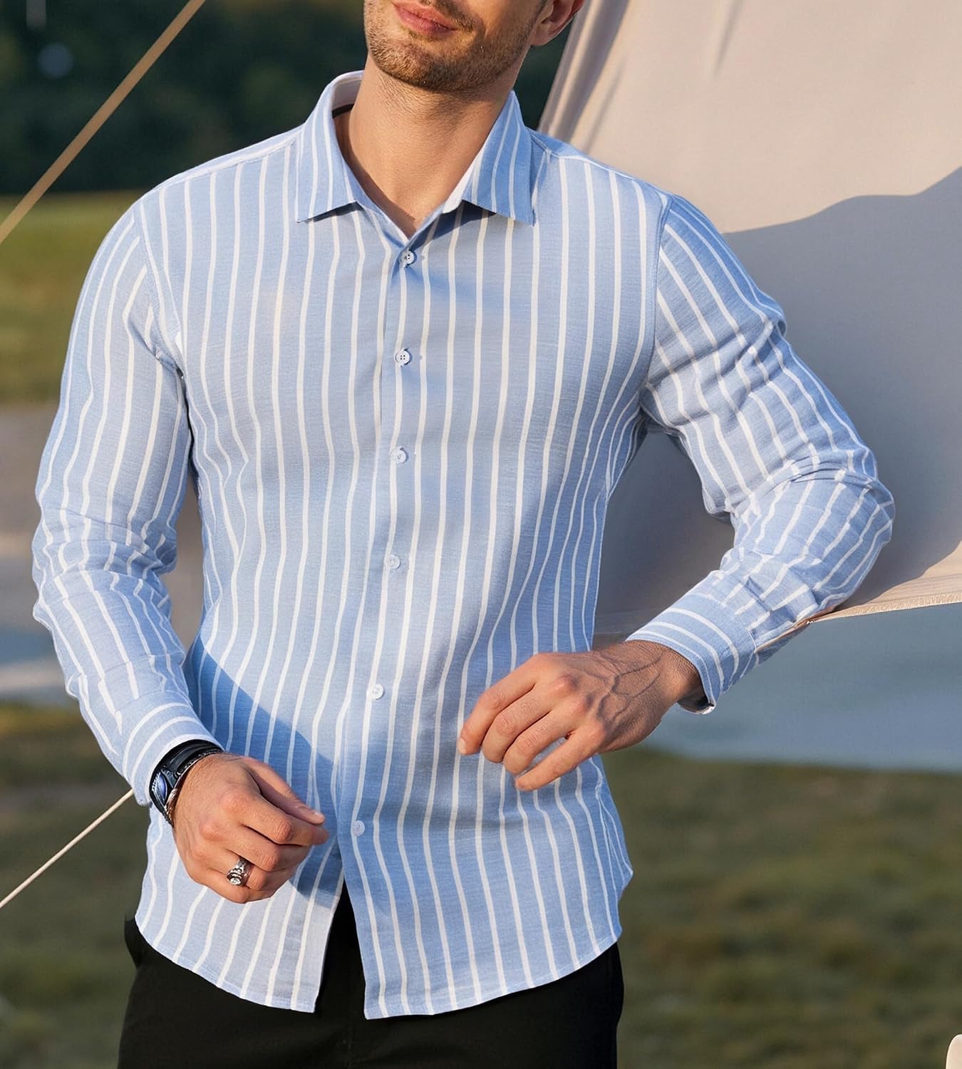 HOTAlex Vando Mens Linen Shirts Long Sleeve Button Down Striped Beach Shirt | Breathable Skin-Friendly Anti-Shrink Fabric, Classic Stripes For Casual Style, All-Day Comfort, Easy Care